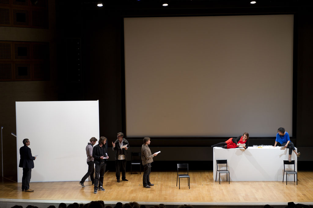 Claude Closky, 'Private View' (5), B. Beaugier as 'Rob', Y. Muller as 'Second Tim', M. Cresswell as 'Robert', Y. Lambrecht as 'John', G. Vidal as 'Fred', V. Fago as 'Ghada', S. Vermande as 'Tracey', Auditorium du Louvre, 21-10-2011. Photo Marc Domage